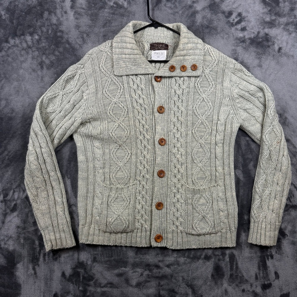 Thane Cardigan Mens Medium Grey Vintage Cable Knit Button Front Field Brothers